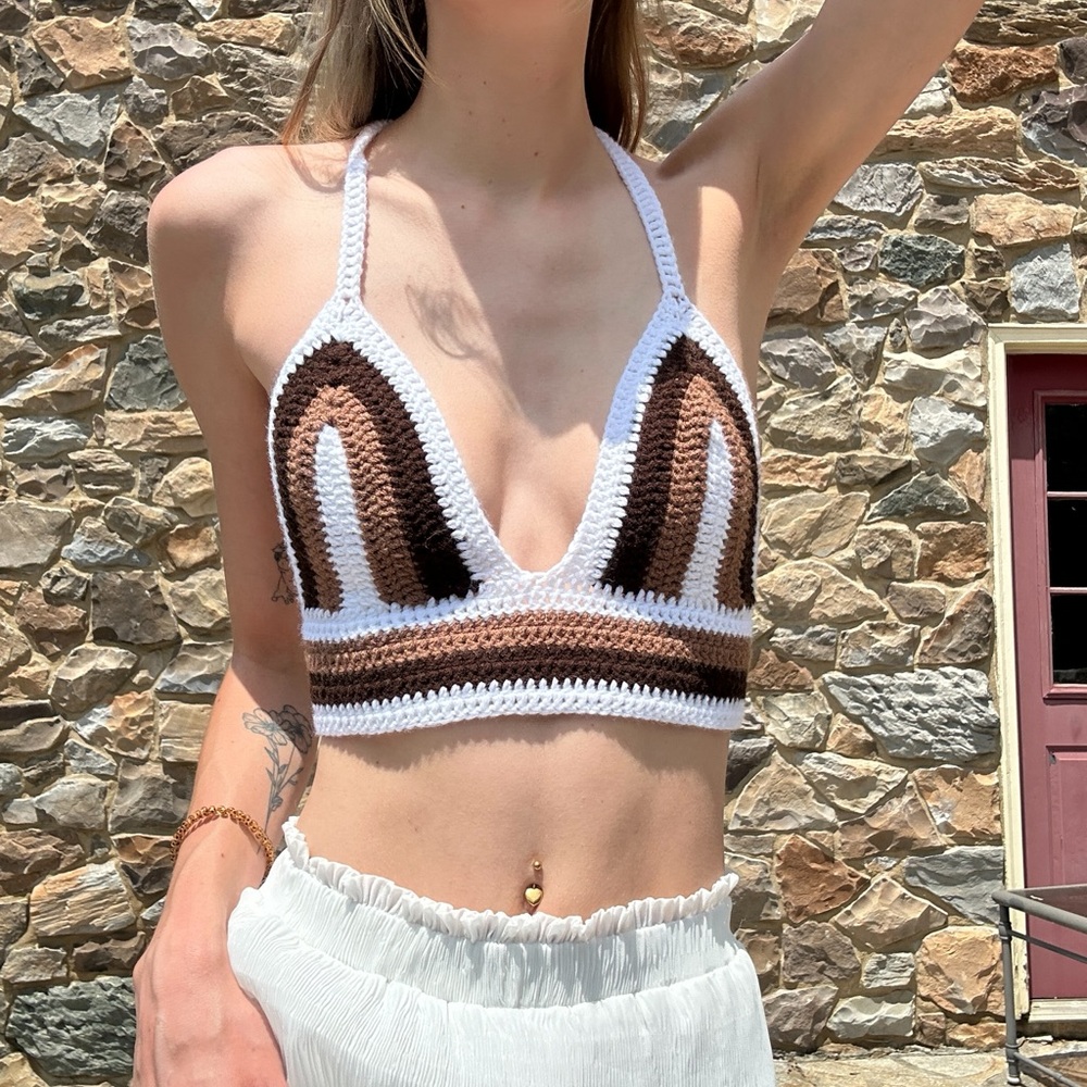 Brown and White Crochet Halter Crop Top